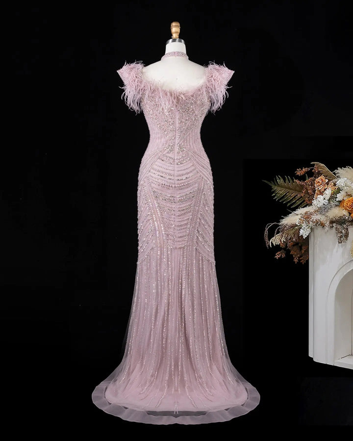 Dreamy Vow SS170 Pink beaded feather-trim evening gown, full length