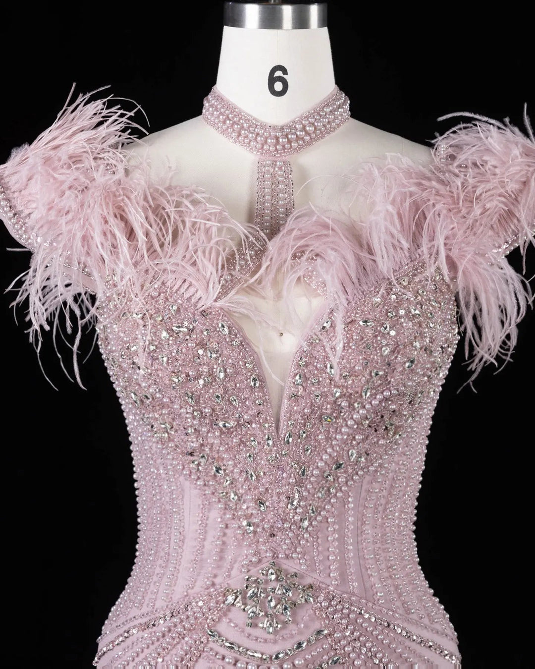 Dreamy Vow SS170 Pink beaded feather-trim evening gown, neckline detail