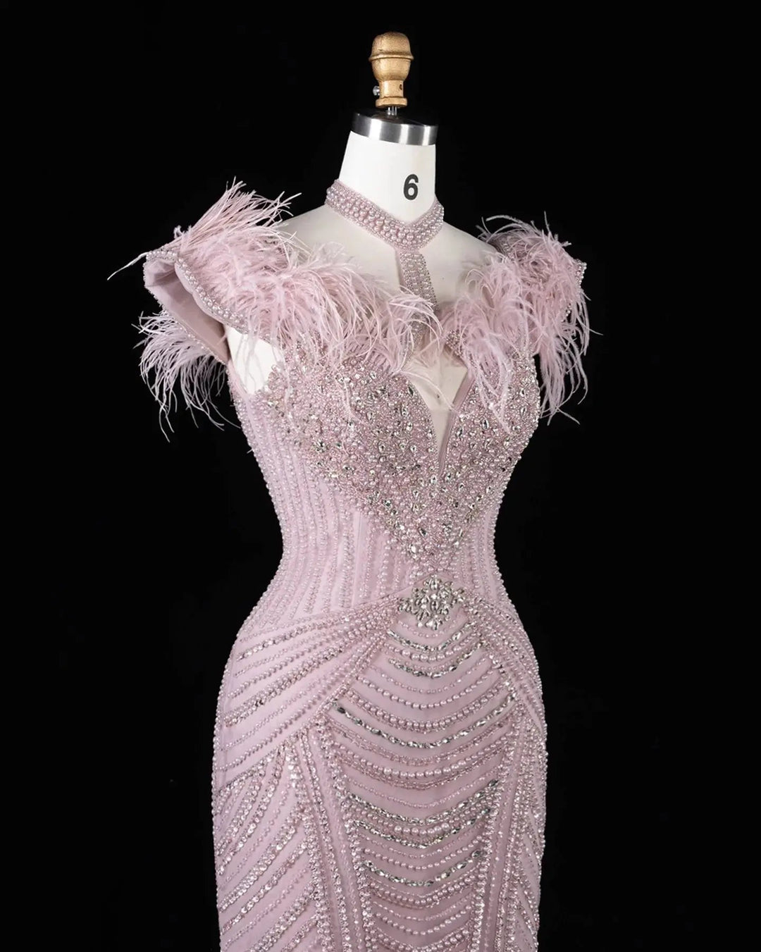 Dreamy Vow SS170 Pink beaded feather-trim evening gown, side bodice
