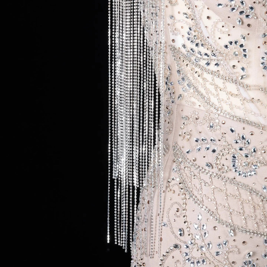 Dreamy Vow SS182 champagne crystal bead and fringe detail