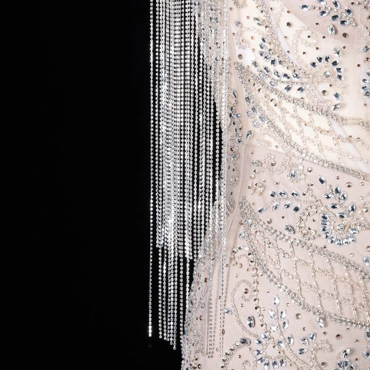 Dreamy Vow SS182 champagne crystal bead and fringe detail