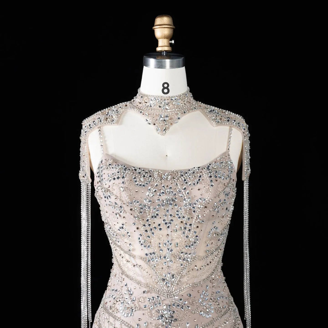 Dreamy Vow SS182 champagne illusion high neck crystal beaded front detail