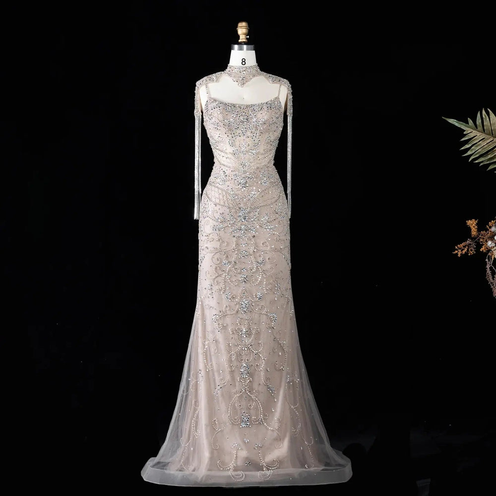 Dreamy Vow SS182 champagne crystal beaded mermaid evening dress full length front