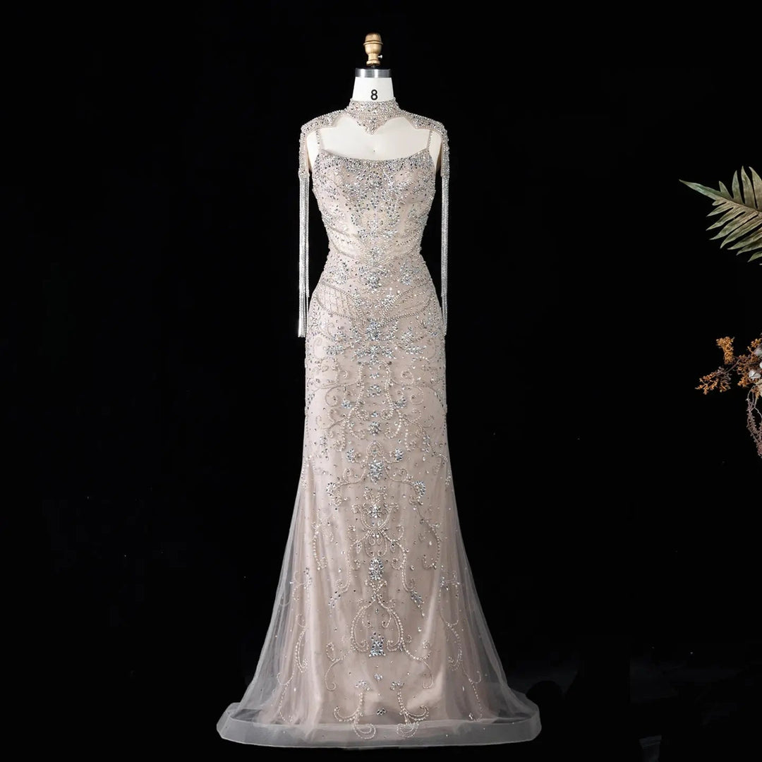 Dreamy Vow SS182 champagne crystal beaded mermaid evening dress full length front