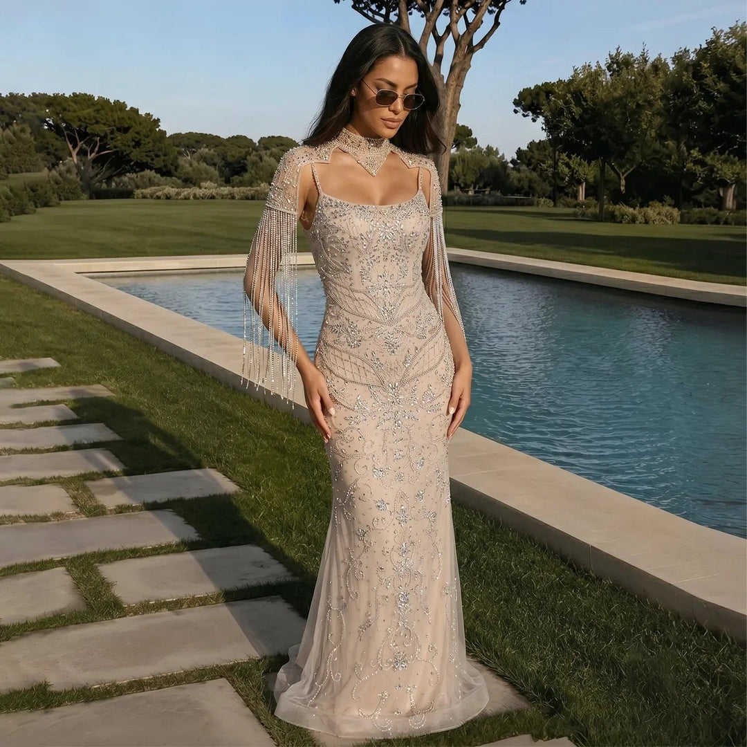 Dreamy Vow SS182 champagne crystal beaded mermaid evening dress outdoor full view