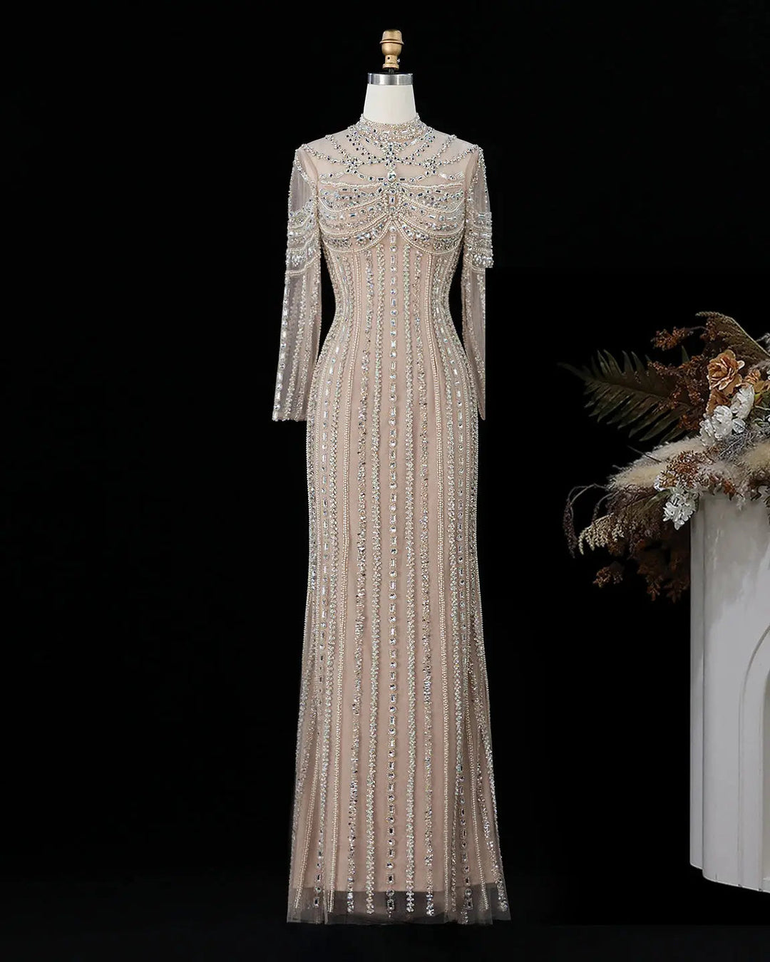 Dreamy Vow SS195 champagne crystal beaded high neck long sleeve evening gown