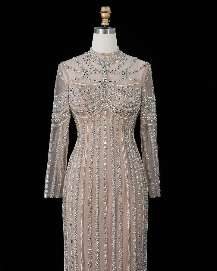 Dreamy Vow SS195 champagne crystal beaded high neck long sleeve evening gown