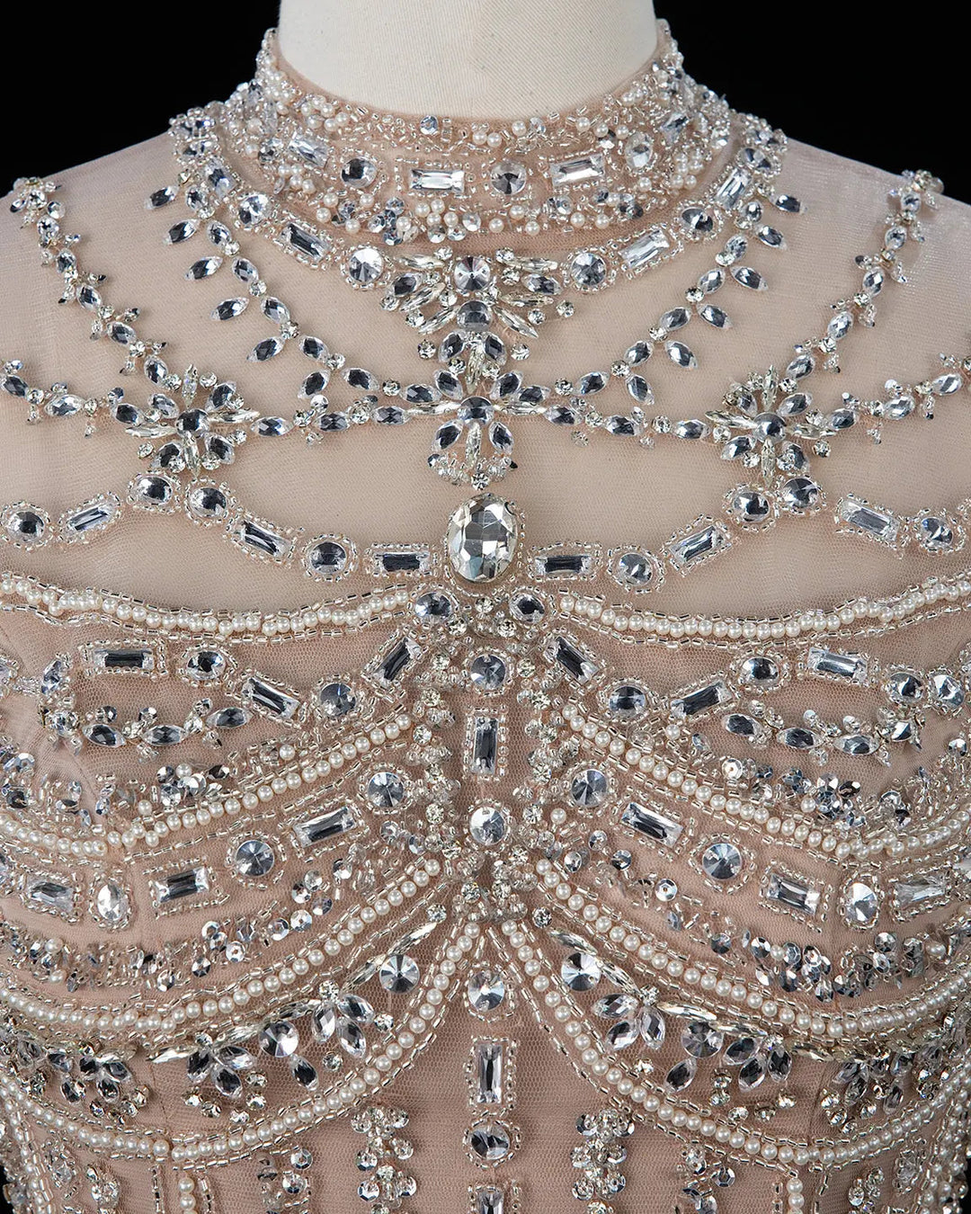 Dreamy Vow SS195 champagne crystal beaded high neck long sleeve evening gown