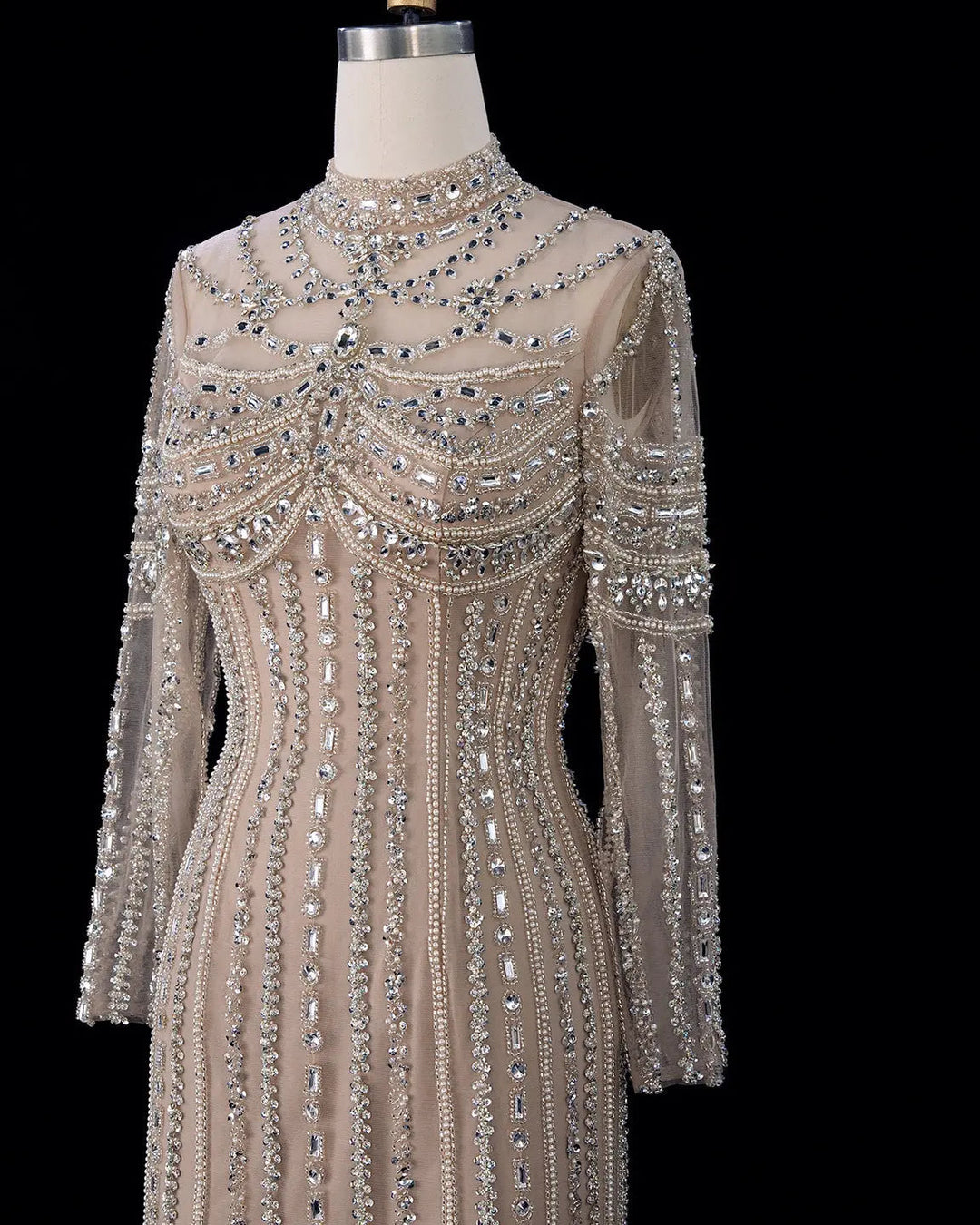 Dreamy Vow SS195 champagne crystal beaded high neck long sleeve evening gown