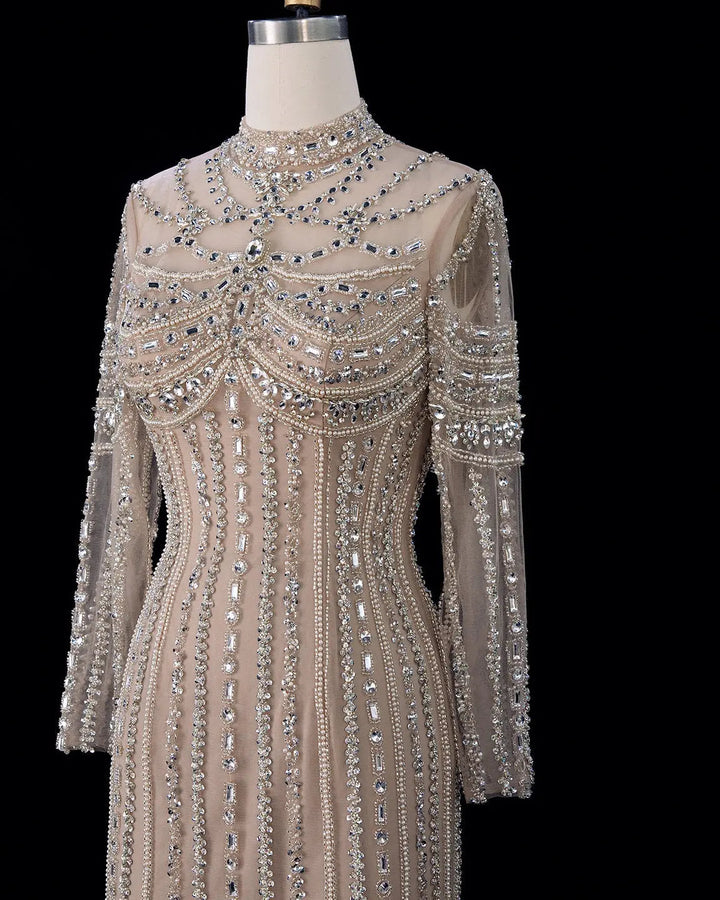 Dreamy Vow SS195 champagne crystal beaded high neck long sleeve evening gown