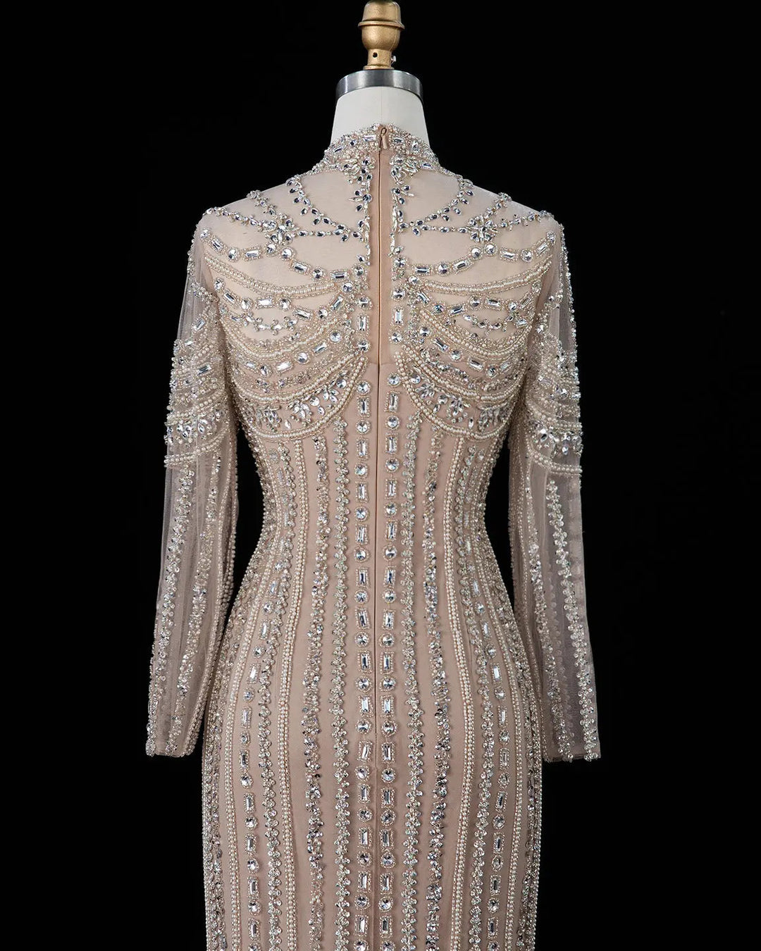 Dreamy Vow SS195 champagne crystal beaded high neck long sleeve evening gown