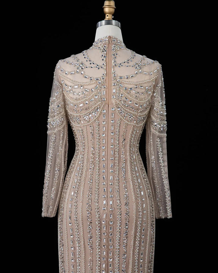 Dreamy Vow SS195 champagne crystal beaded high neck long sleeve evening gown
