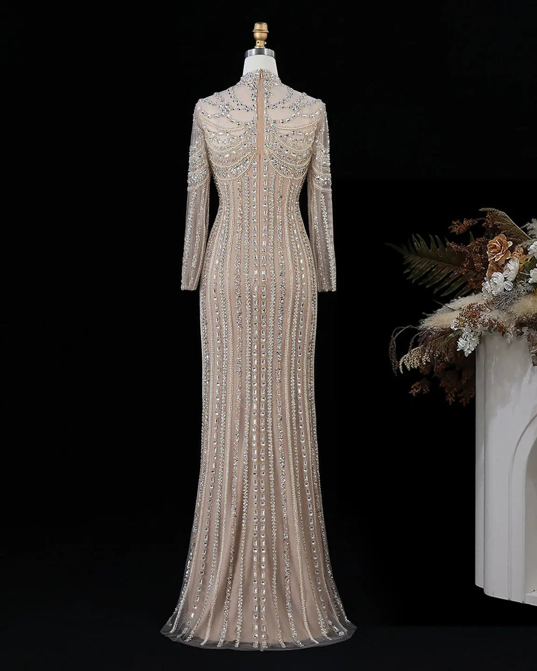 Dreamy Vow SS195 champagne crystal beaded high neck long sleeve evening gown