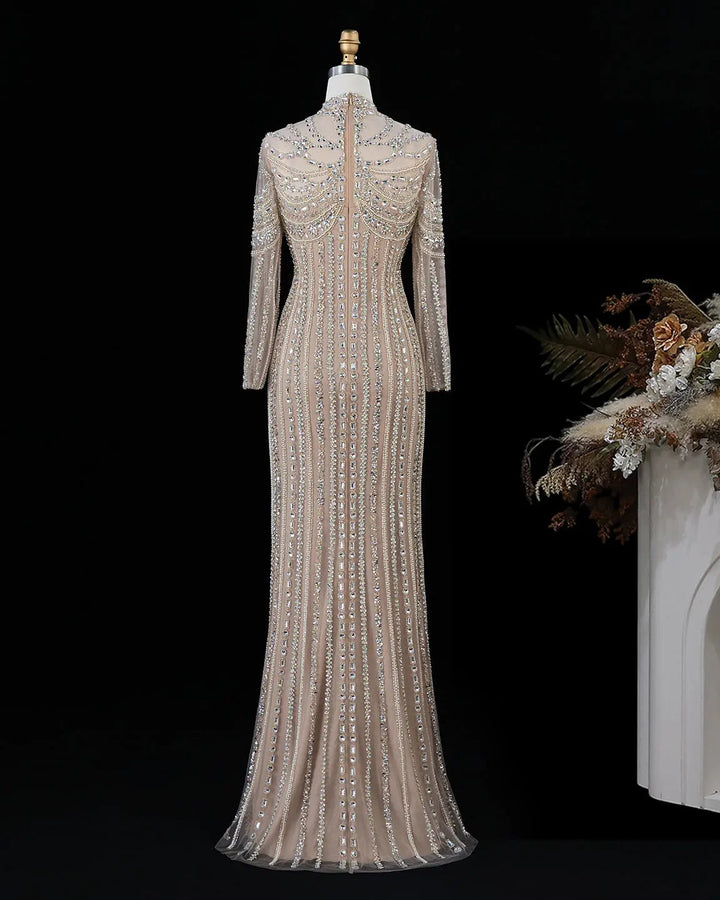 Dreamy Vow SS195 champagne crystal beaded high neck long sleeve evening gown