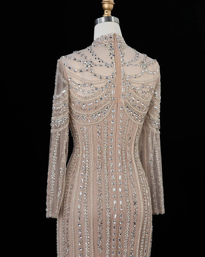 Dreamy Vow SS195 champagne crystal beaded high neck long sleeve evening gown