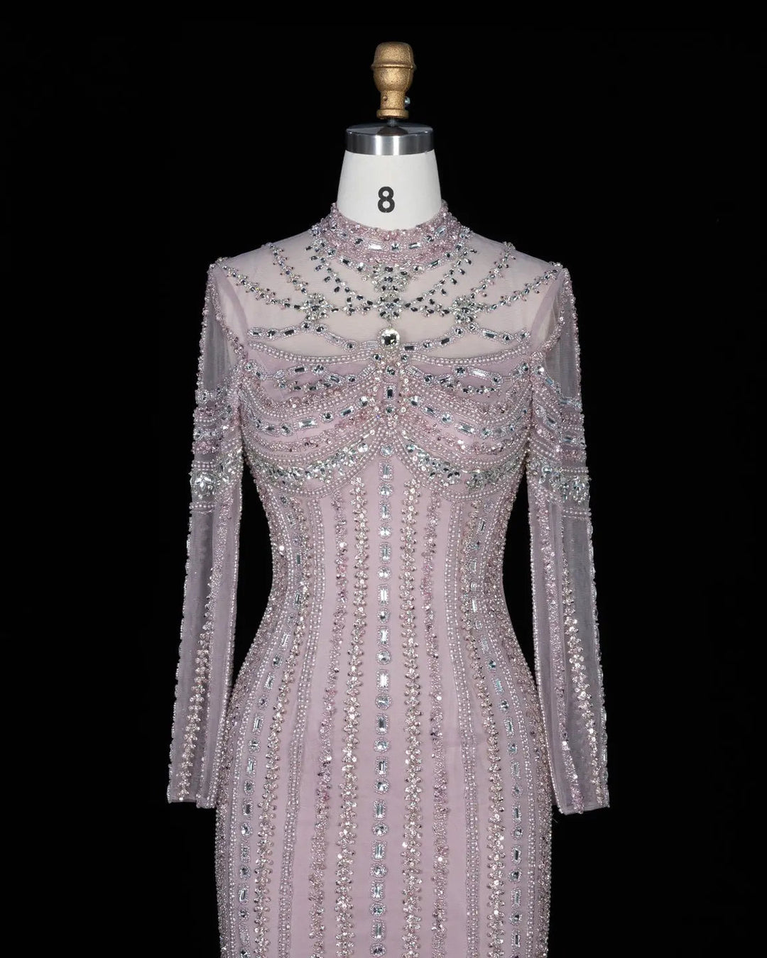 Dreamy Vow SS195 pink crystal beaded high neck long sleeve evening gown