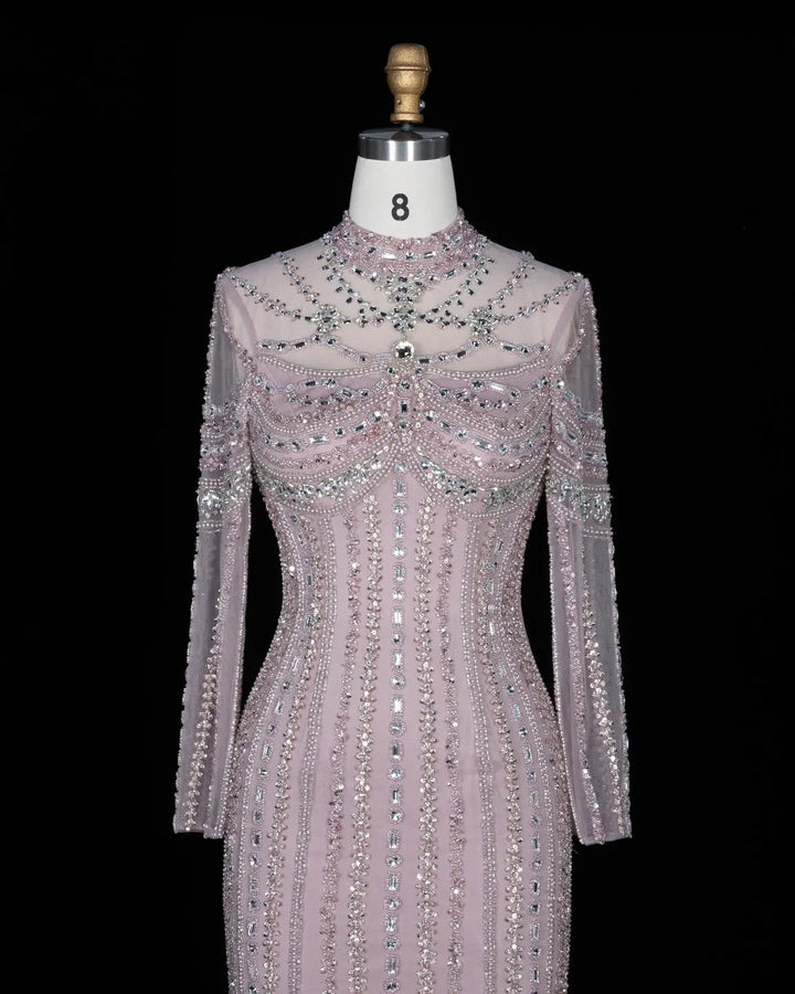Dreamy Vow SS195 pink crystal beaded high neck long sleeve evening gown