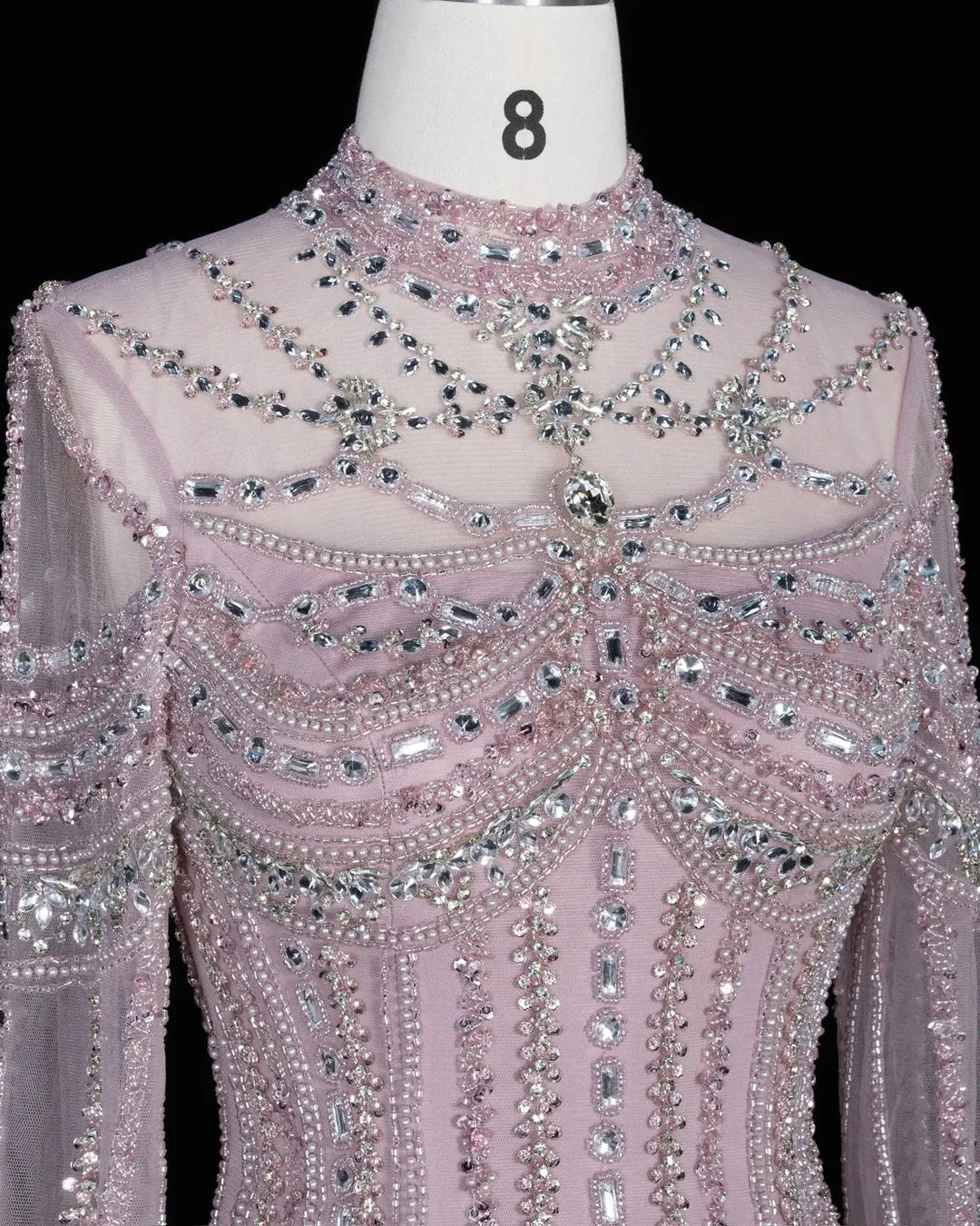 Dreamy Vow SS195 pink crystal beaded high neck long sleeve evening gown