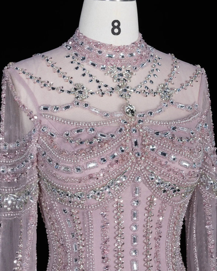 Dreamy Vow SS195 pink crystal beaded high neck long sleeve evening gown
