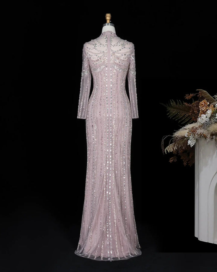 Dreamy Vow SS195 pink crystal beaded high neck long sleeve evening gown