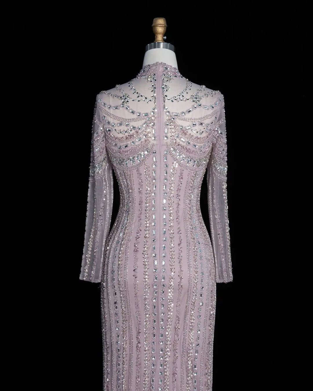 Dreamy Vow SS195 pink crystal beaded high neck long sleeve evening gown