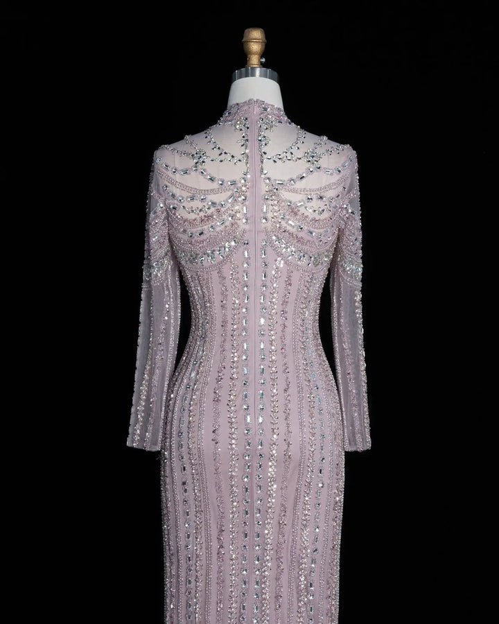 Dreamy Vow SS195 pink crystal beaded high neck long sleeve evening gown