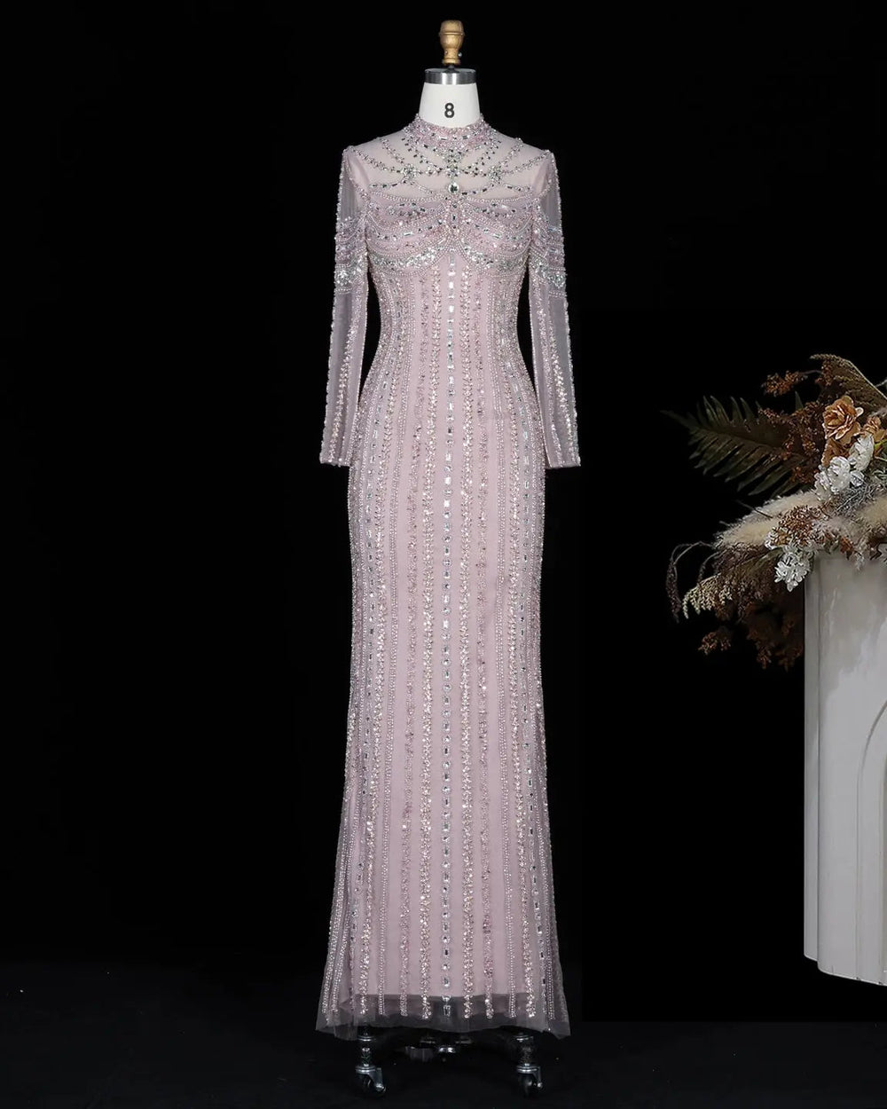 Dreamy Vow SS195 pink crystal beaded high neck long sleeve evening gown