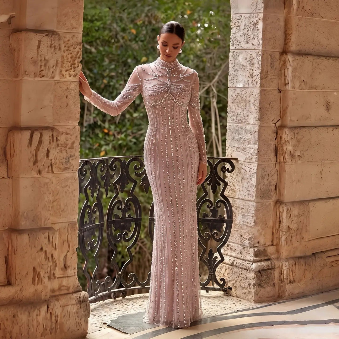Dreamy Vow SS195 pink crystal beaded high neck long sleeve evening gown