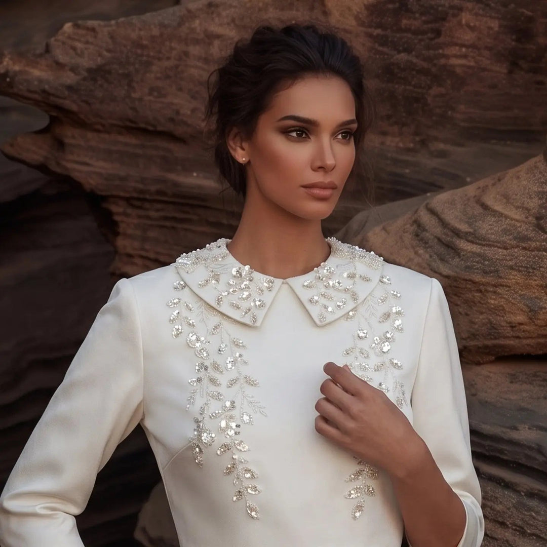 Dreamy Vow SS214 beige beaded two-piece evening dress model bodice detail