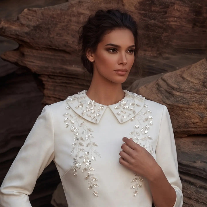 Dreamy Vow SS214 beige beaded two-piece evening dress model bodice detail
