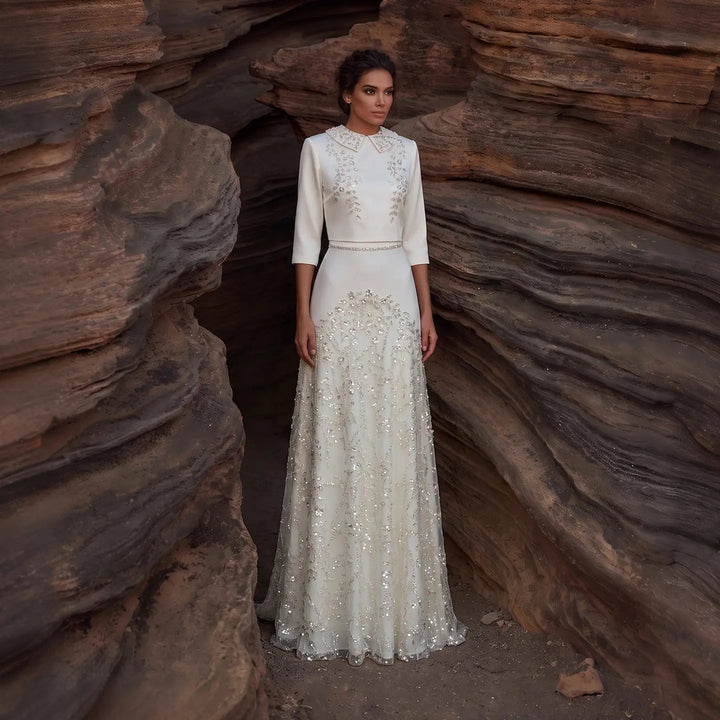 Luxury Beige Beaded Two-Piece A-Line Evening Dress SS214
