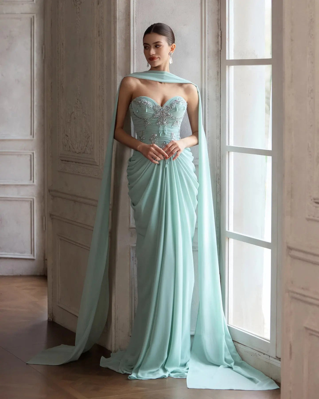 Dreamy Vow SS219 Aqua beaded evening gown, model front