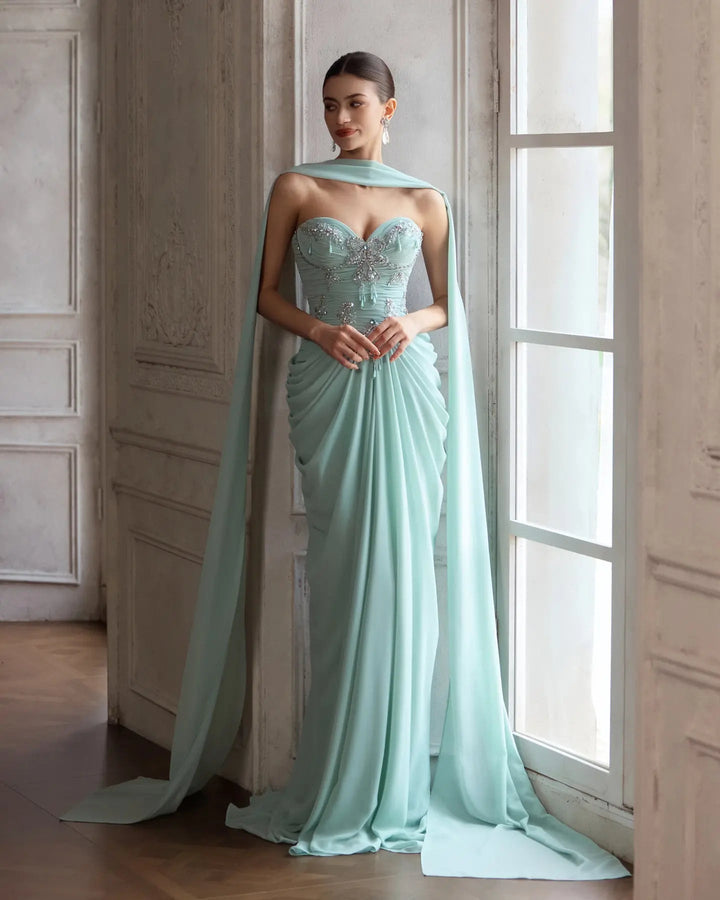 Dreamy Vow SS219 Aqua beaded evening gown, model front