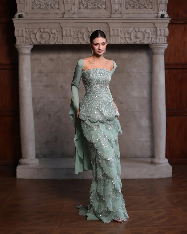Dreamy Vow SS235 Sage Green beaded evening gown, model front