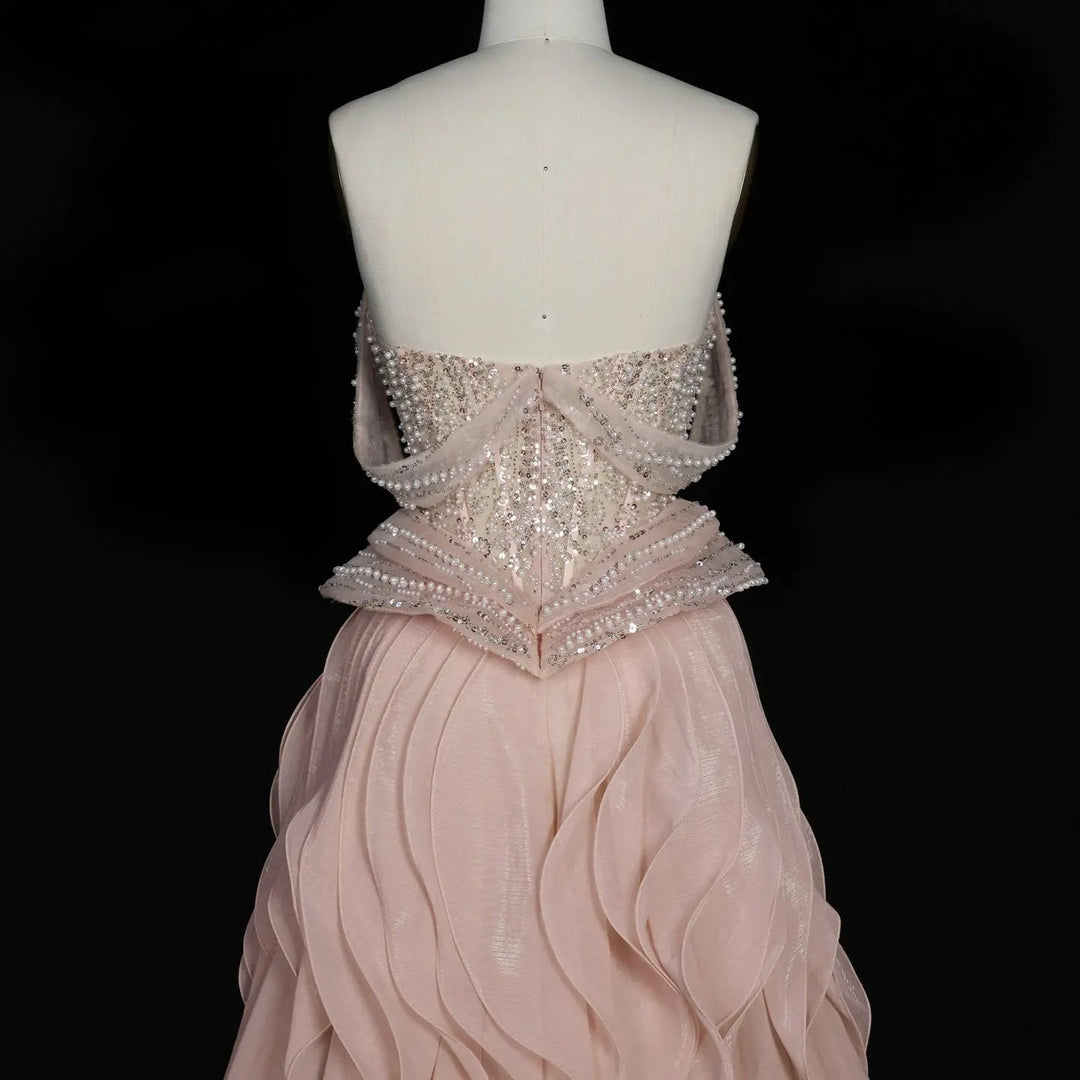 Dreamy Vow SS236 peach beaded evening dress skirt detail