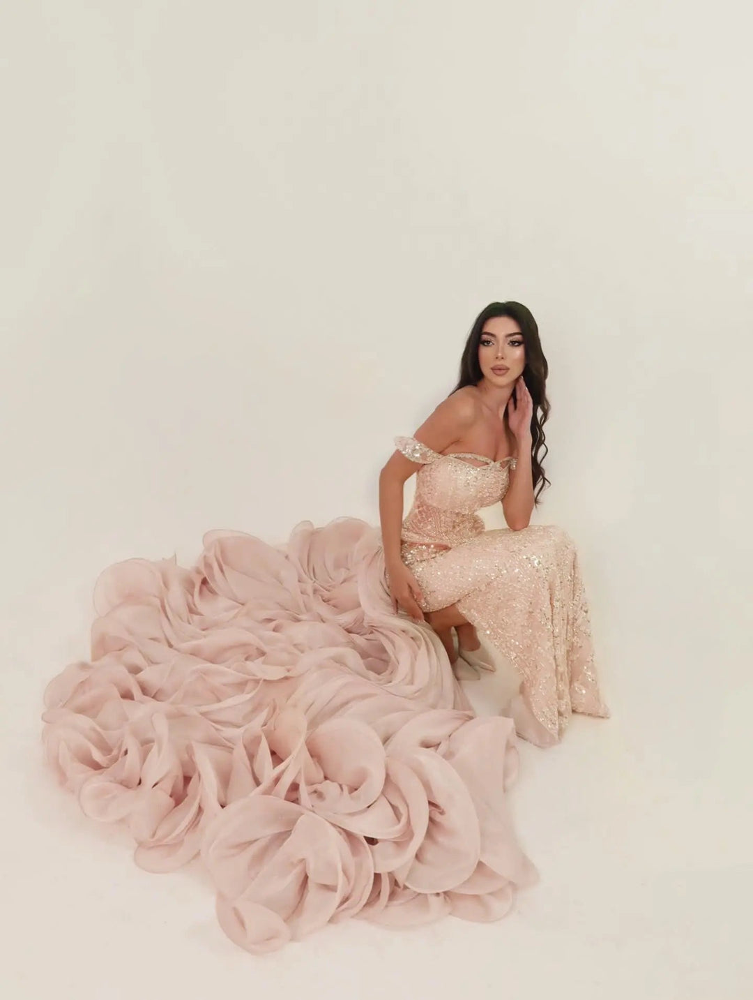 Dreamy Vow SS236 peach beaded evening dress ruffle detail