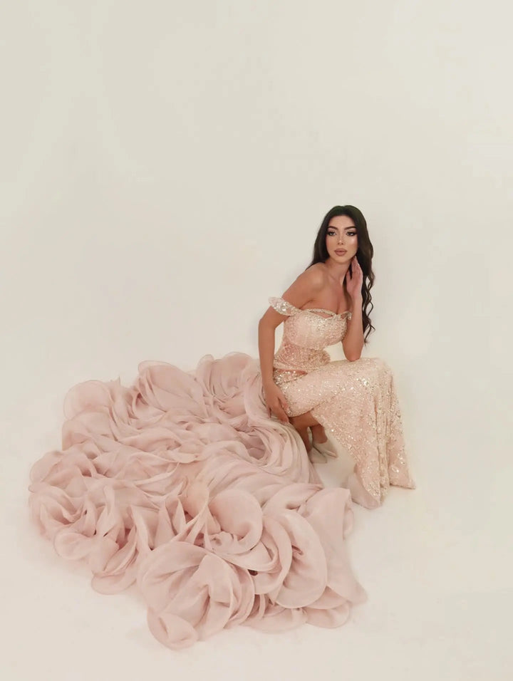 Dreamy Vow SS236 peach beaded evening dress ruffle detail
