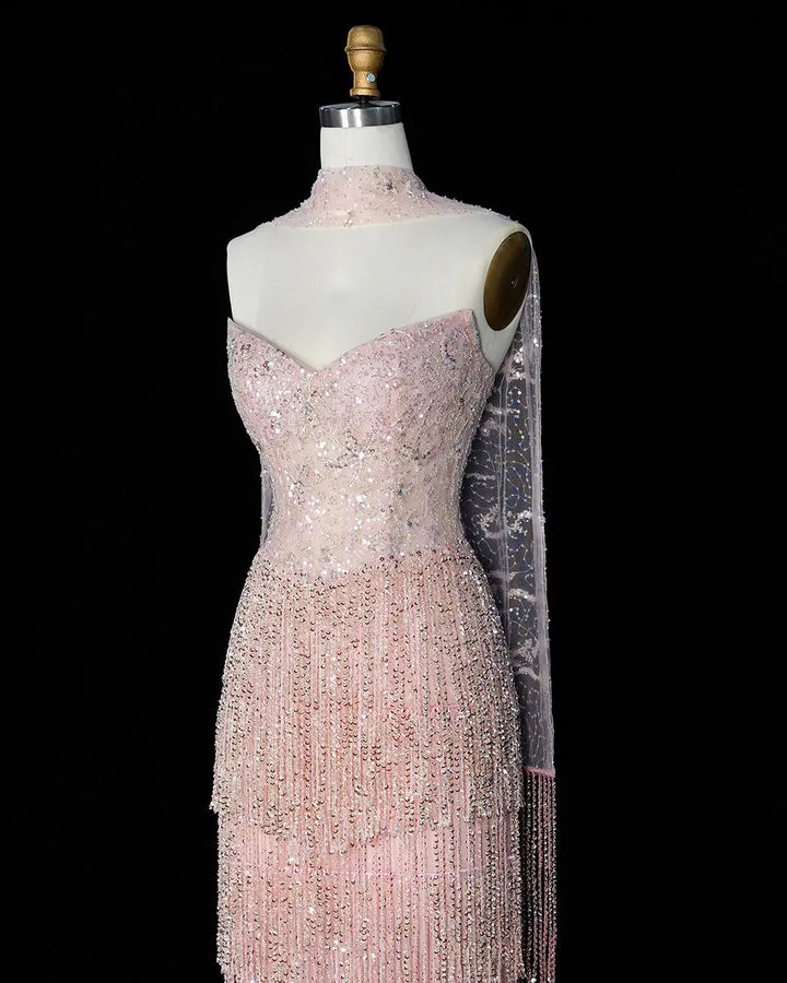 Dreamy Vow SS240 pink crystal beaded fringe sweetheart column evening dress