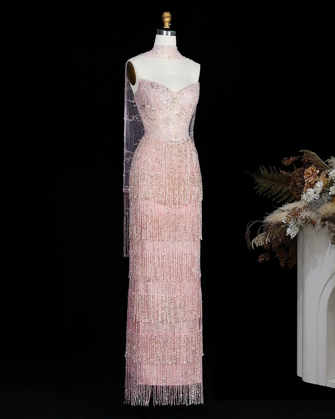 Dreamy Vow SS240 pink crystal beaded fringe sweetheart column evening dress