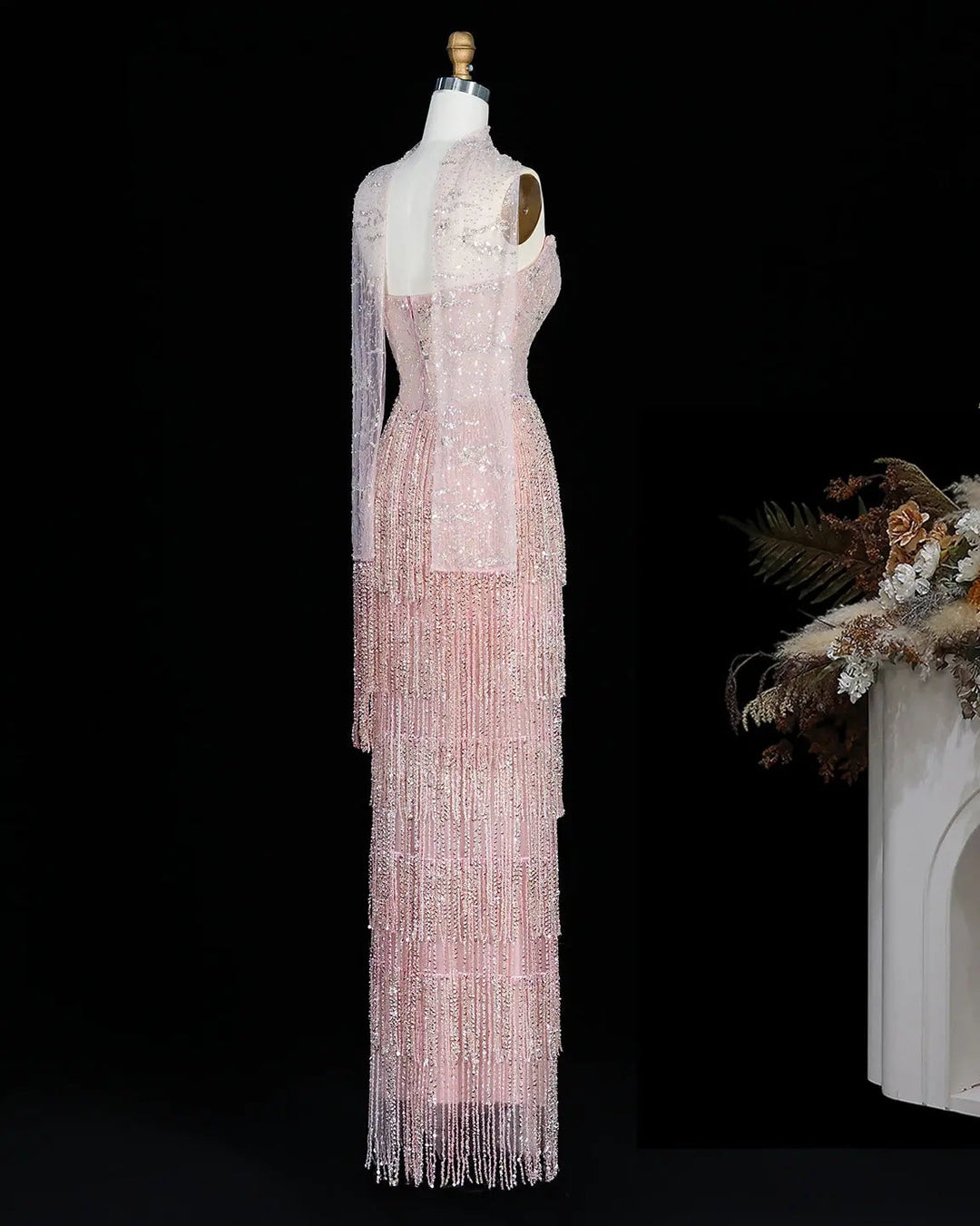 Dreamy Vow SS240 pink crystal beaded fringe sweetheart column evening dress