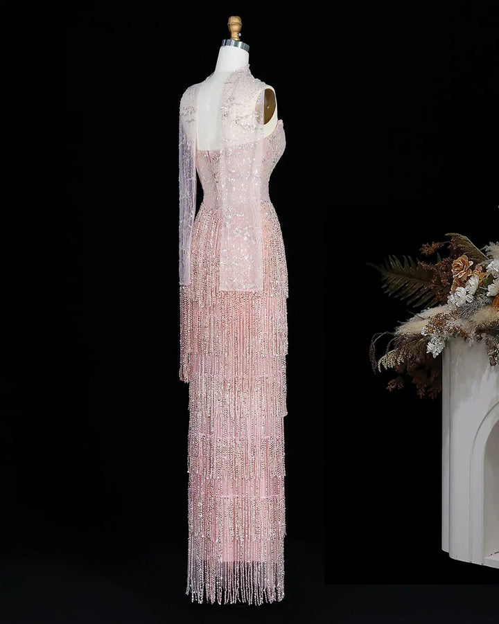 Dreamy Vow SS240 pink crystal beaded fringe sweetheart column evening dress