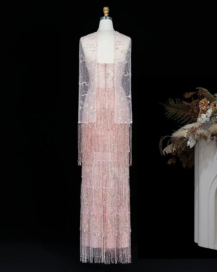 Dreamy Vow SS240 pink crystal beaded fringe sweetheart column evening dress