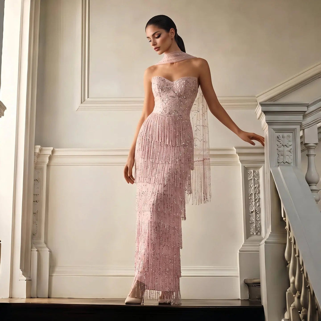 Dreamy Vow SS240 pink crystal beaded fringe sweetheart column evening dress