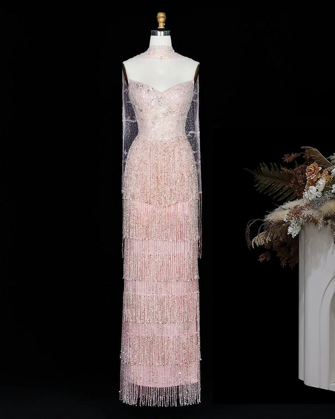 Dreamy Vow SS240 pink crystal beaded fringe sweetheart column evening dress