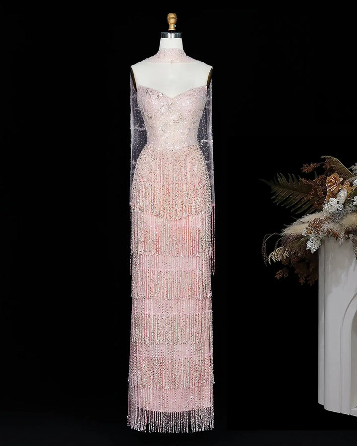 Dreamy Vow SS240 pink crystal beaded fringe sweetheart column evening dress