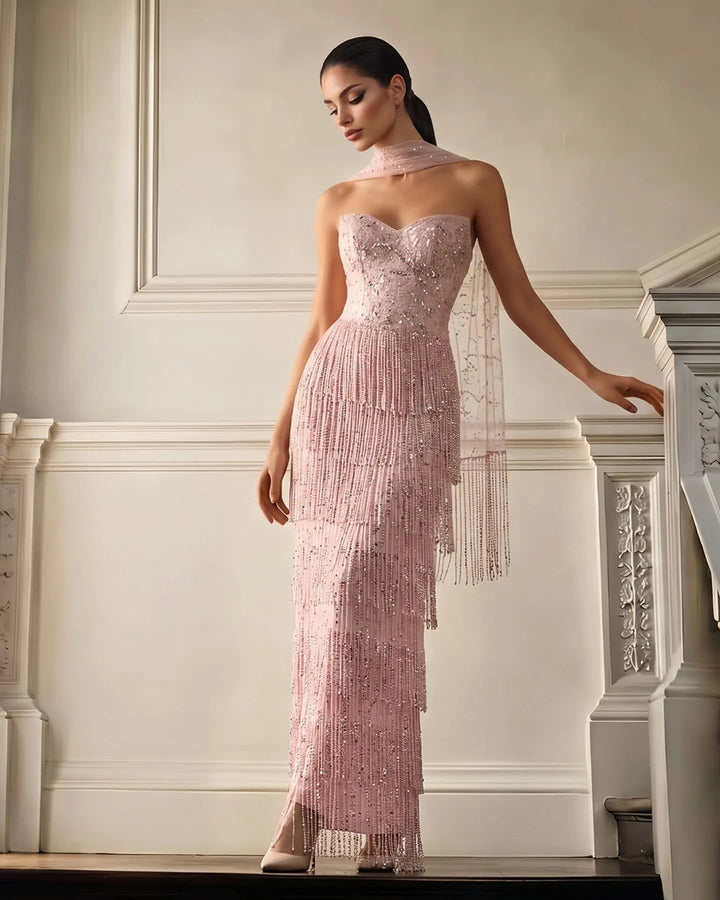 Dreamy Vow SS240 pink crystal beaded fringe sweetheart column evening dress