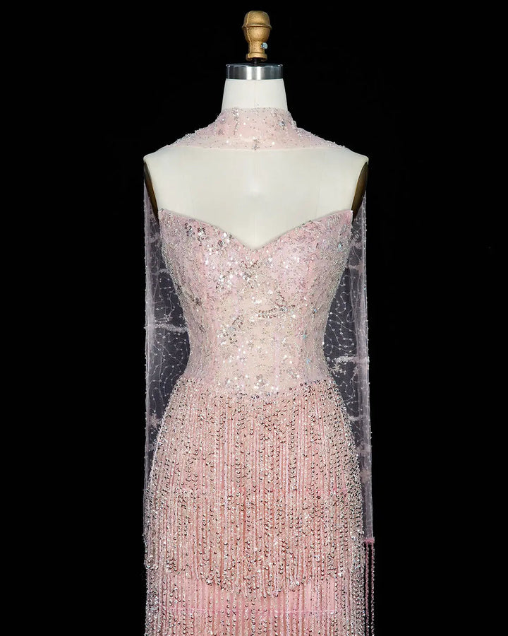 Dreamy Vow SS240 pink crystal beaded fringe sweetheart column evening dress