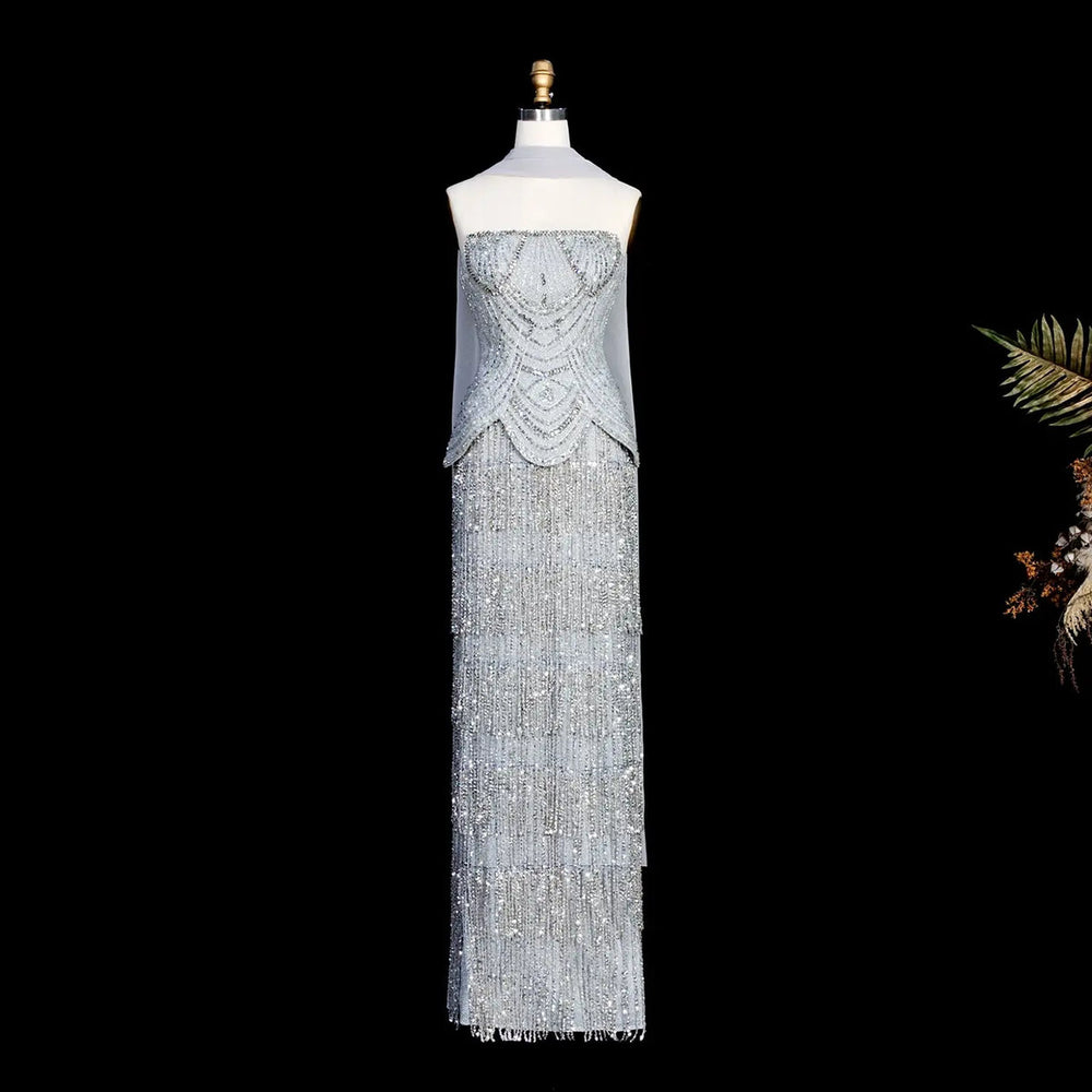 Dreamy Vow SS255 gray strapless crystal beaded fringe evening gown front
