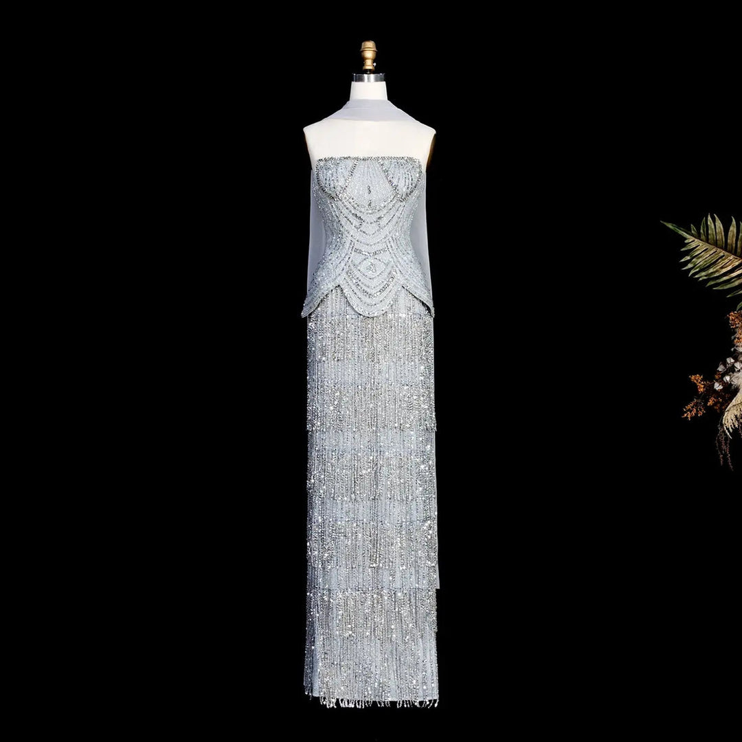 Dreamy Vow SS255 gray strapless crystal beaded fringe evening gown front