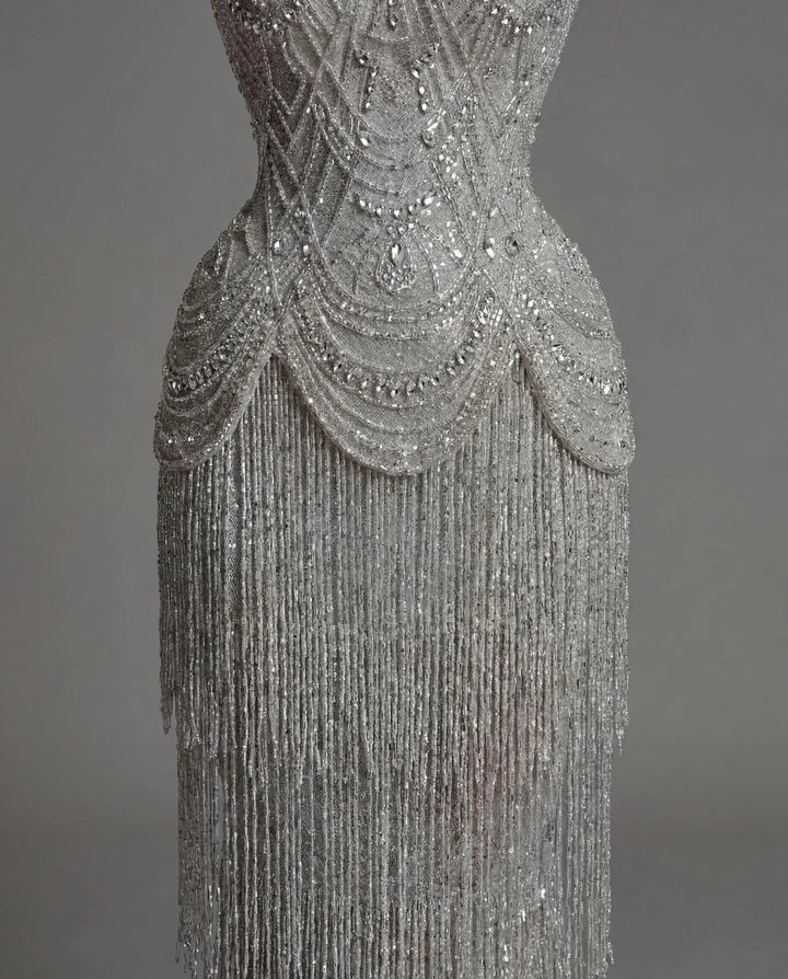 Dreamy Vow SS255 gray crystal beaded fringe bodice detail